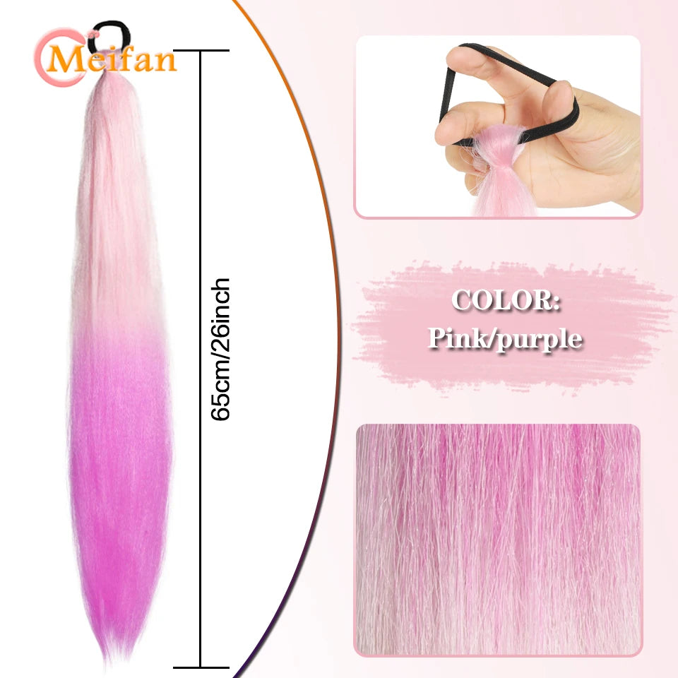 MEIFAN Synthetic Color Braid Ponytail Extension – Red, Green, Blue, Pink, Straight Hair Wrap Around with Elastic Tie