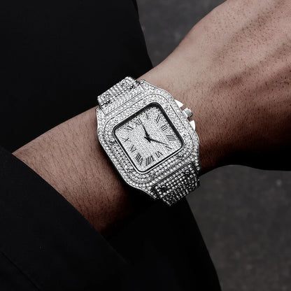 Luxury Men’s Square Quartz Watch - Steel Strap Roman Numeral Rhinestone Business Wristwatch for Casual Style