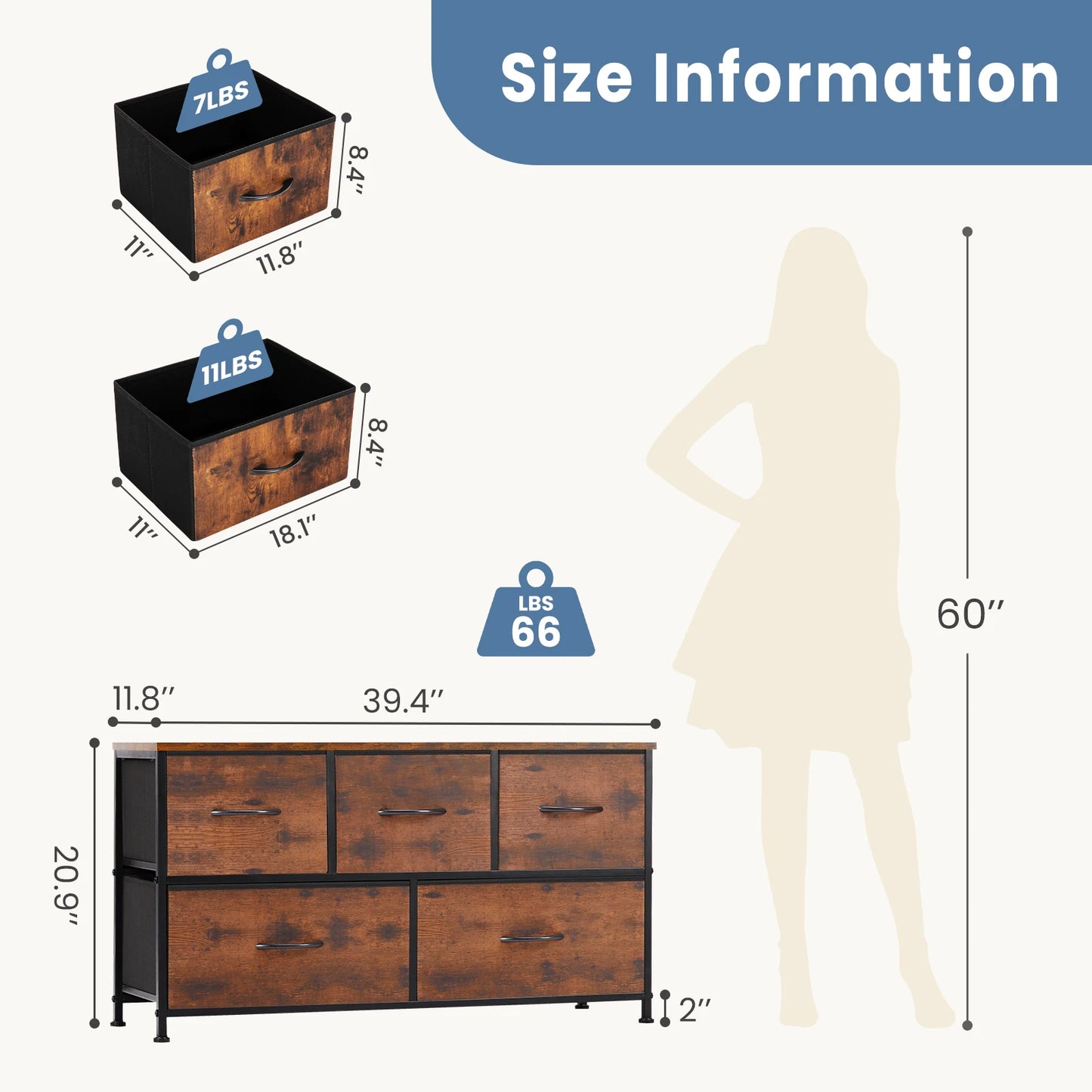 Living Room Display Cabinet – 5 Fabric Drawers with Steel Frame, Wardrobe Closet for Clothes Storage & Dresser