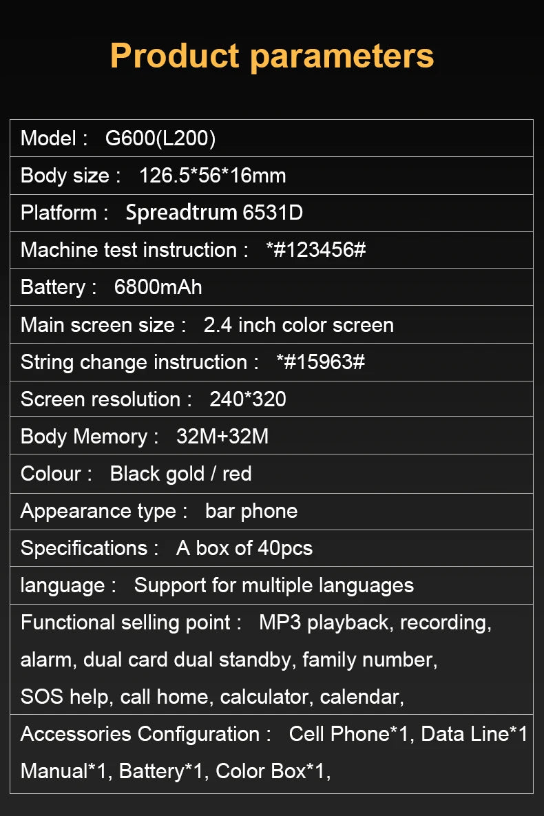 GSM 2G G600 BAR Phone – Dual SIM, 6800mAh Battery, SOS Button, 2.4" Screen, MP3 Recorder Mobile Cellphone for Seniors