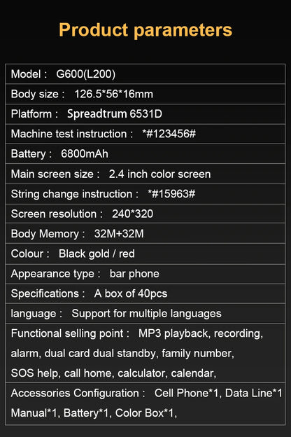 GSM 2G G600 BAR Phone – Dual SIM, 6800mAh Battery, SOS Button, 2.4" Screen, MP3 Recorder Mobile Cellphone for Seniors