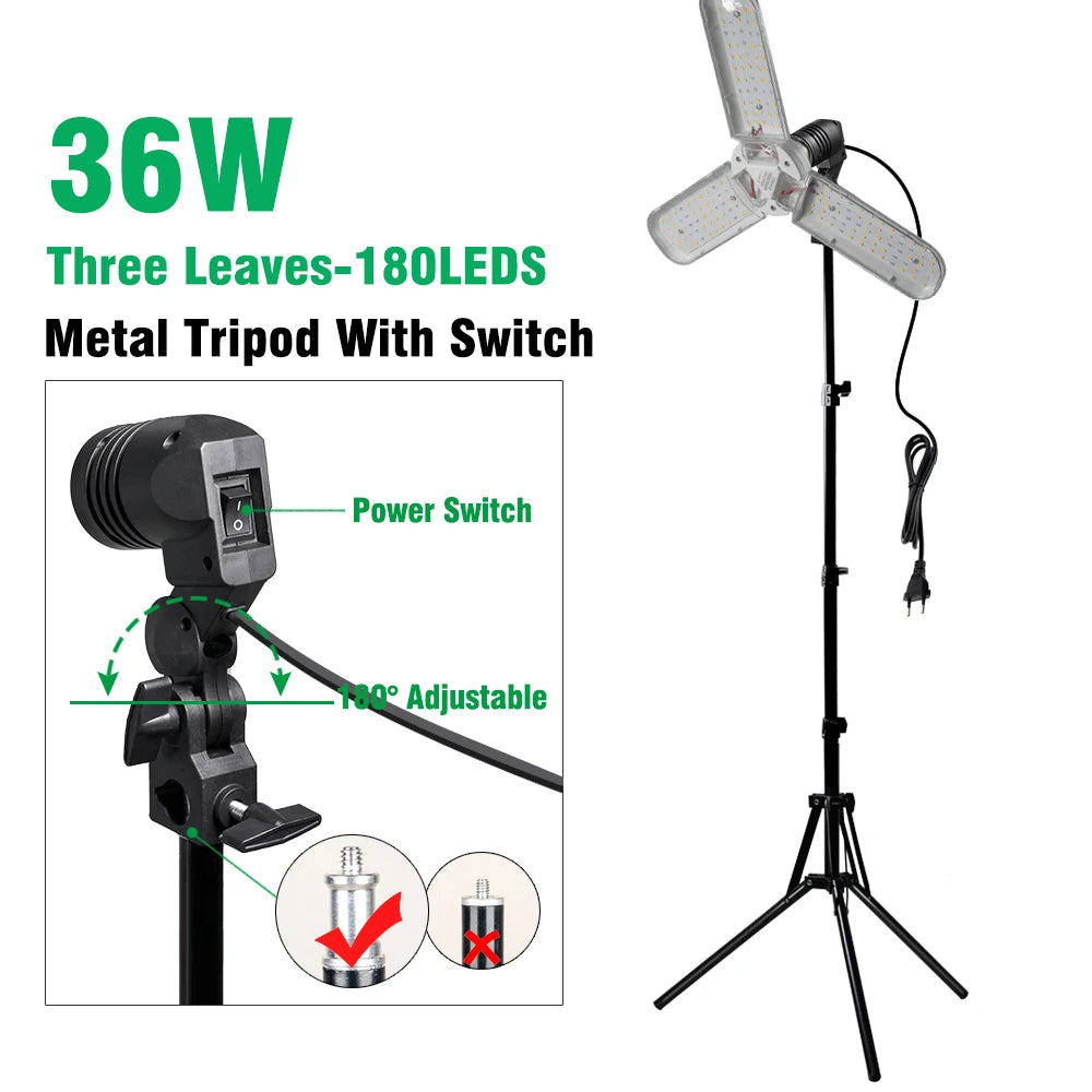 Foldable LED Grow Light E27 Full Spectrum 24W/36W/48W – Plant Growing Phytolamp for Indoor Flowers & Seedlings Growth Lamp