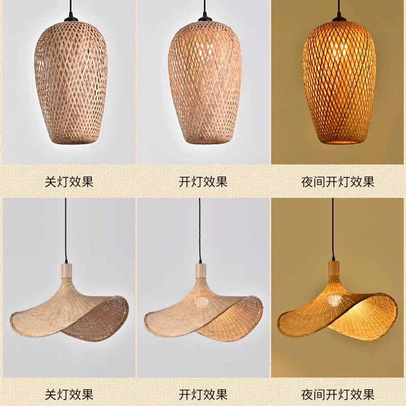 Bamboo Pendant Lamp Ceiling Light - Handwoven Rattan Wicker Hanging Fixture for Dining Room, Bedroom & Indoor Home Decor
