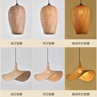 Bamboo Pendant Lamp Ceiling Light - Handwoven Rattan Wicker Hanging Fixture for Dining Room, Bedroom & Indoor Home Decor