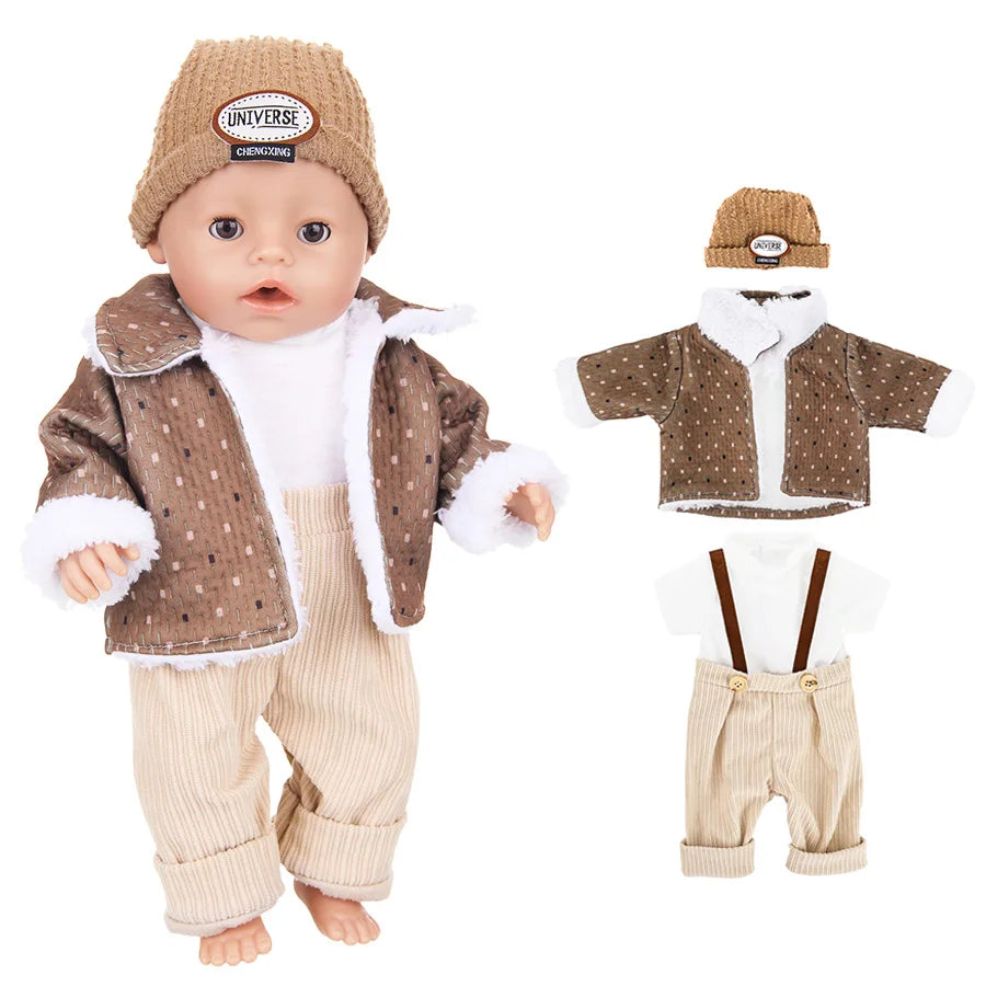 43cm Baby Doll Clothes Set – Leather Jacket, Pants & Rompers for 18-Inch American Dolls, Winter Outfit