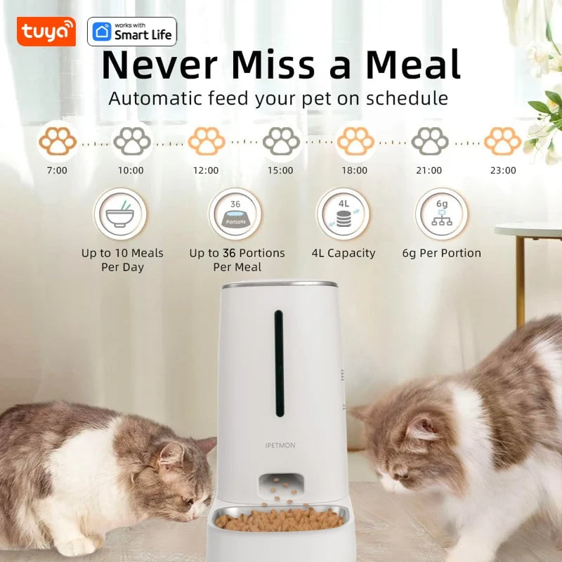 Wi-Fi Enabled 4L Pet Feeder for Cats and Dogs - APP Control, Stainless Steel Bowls, Low Food Alarm - Compatible with IPETMON, Tuya, and Smart Life App