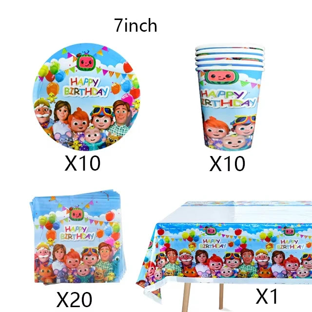 Cartoon JJ Melon Birthday Party Decorations Set – Disposable Tableware, Cups, Plates, Tablecloth, Balloons & Cake Topper for Kids & Baby Shower