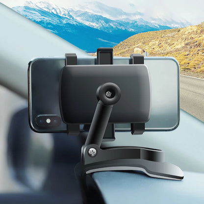 Car Dashboard Phone Holder – 360° Rotating Auto Grip Bracket, Foldable Rearview Mirror Navigation Mount