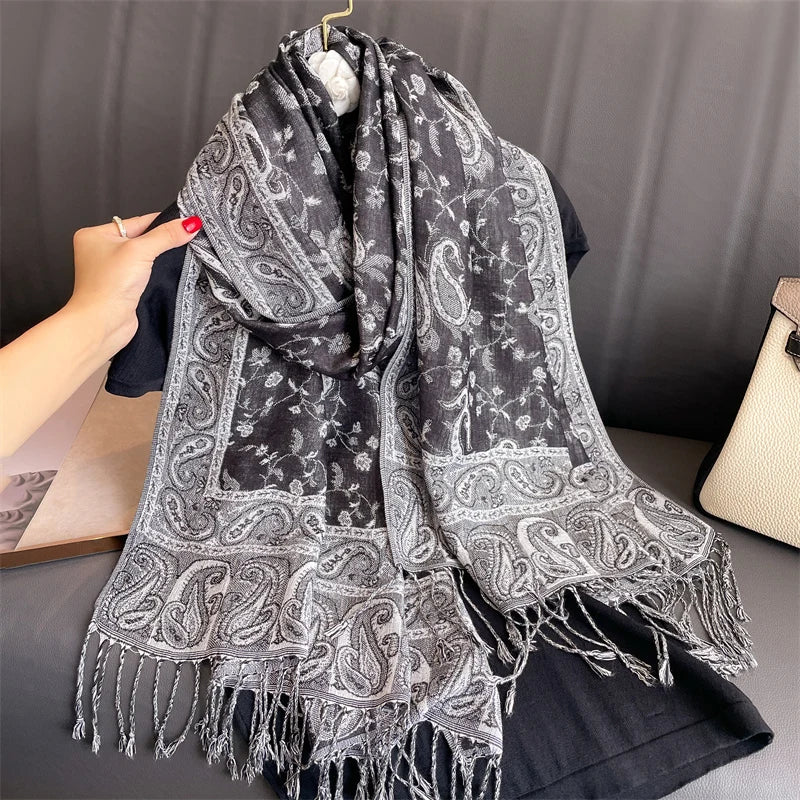 Luxury Autumn Cashmere Pashmina Shawl – Warm Winter Scarves for Women, Printed Cotton Foulard Stole Scarf 2023
