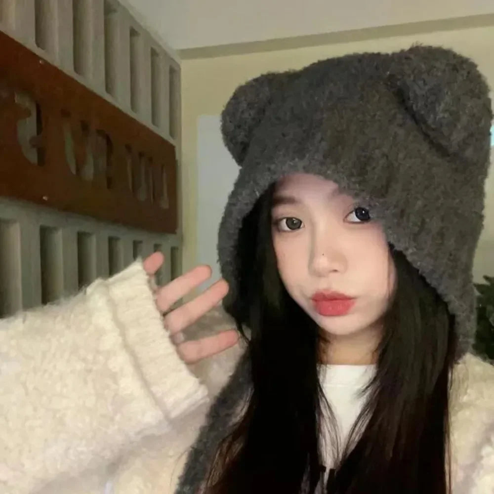 Cute Girl Knit Bear Earmuff Hat – Women’s Woolen Crochet Beanie Bonnet Winter Warm Headwear