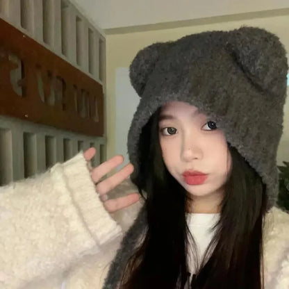 Cute Girl Knit Bear Earmuff Hat – Women’s Woolen Crochet Beanie Bonnet Winter Warm Headwear