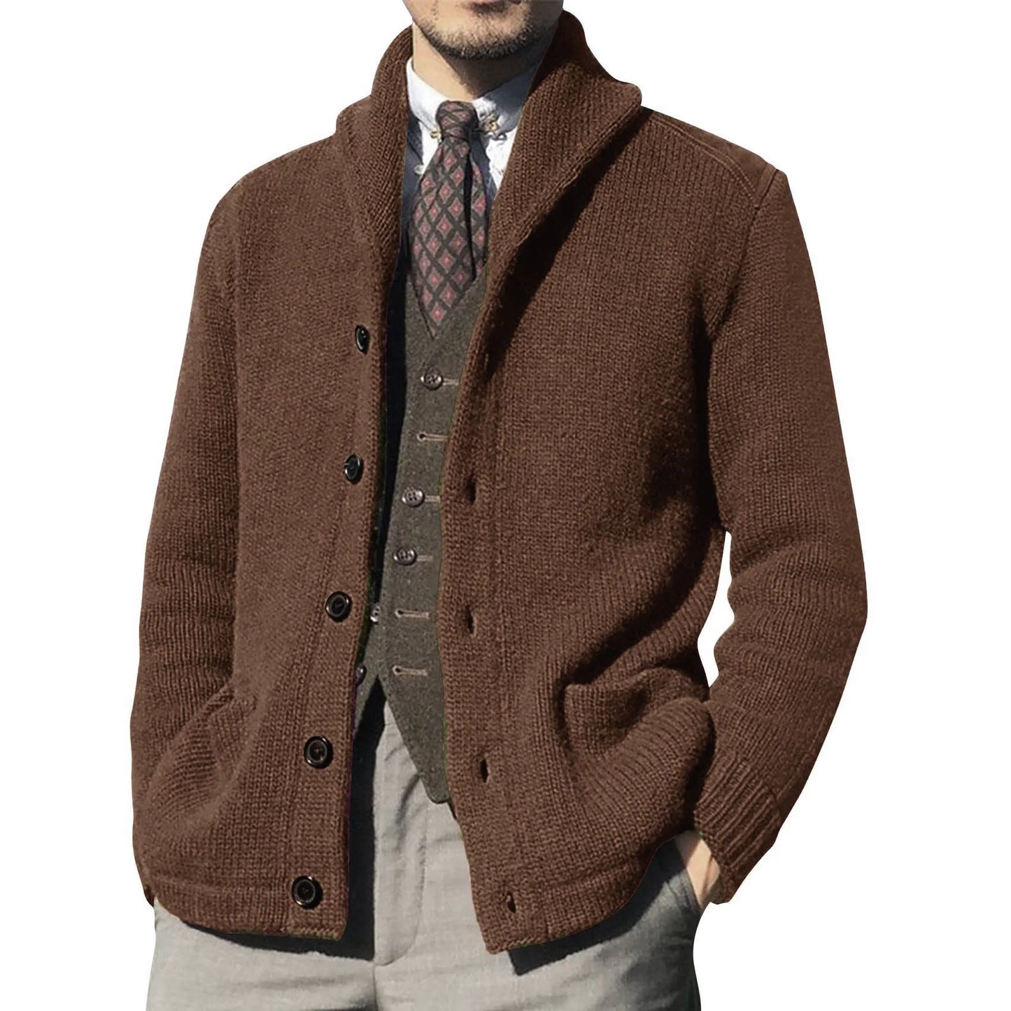 Men's Luxury Knit Cardigan Sweater - Thick Warm Autumn/Winter Solid Color Coat Top
