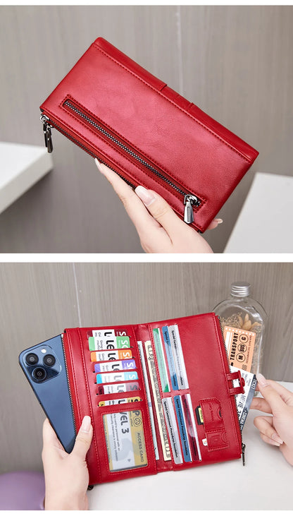 RFID Blocking Large Capacity Wallet – Soft Leather Solid Color Clutch, Multi-Functional Zipper Purse for Women & Men