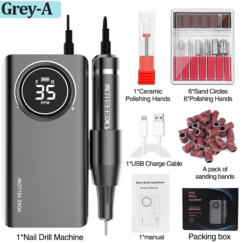 YOKEFELLOW Professional Nail Drill Kit – 35000RPM Rechargeable Electric Nail File for Manicure, Acrylic & Gel Nails
