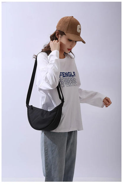 Solid Color Women's Portable Shoulder Bag – Simple Nylon Cloth Padded Crossbody Travel Purse & Messenger Bag