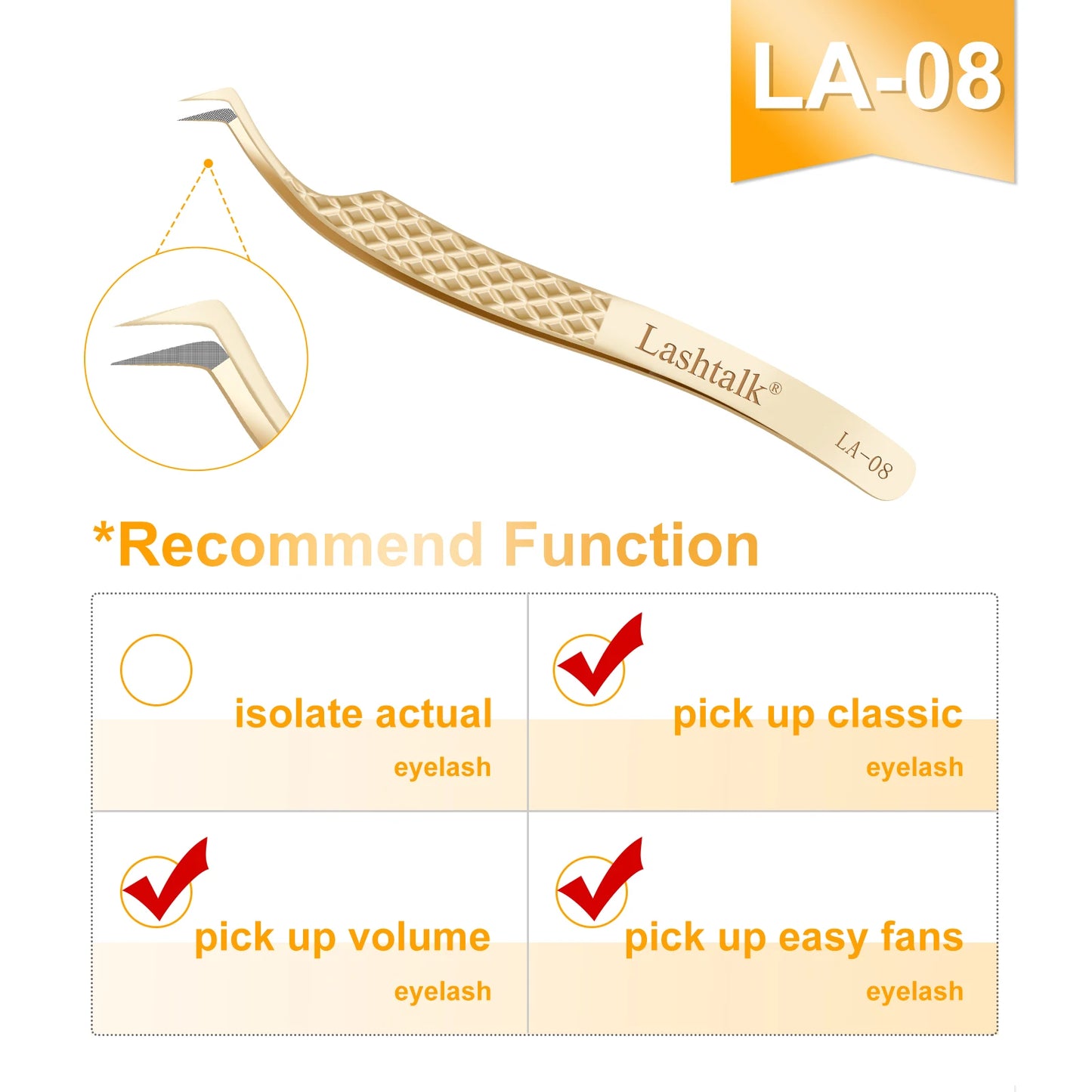 Lashtalk Precision Fiber Tip Tweezer - Diamond Grip Anti-Slip Gold Stainless Steel for Eyelash Extensions Makeup by Nagaraku
