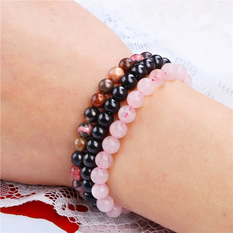 3Pcs Natural Stone Bracelet Set: 8mm Rhodonite, Rose Quartz, Amethysts, Hematite - Unisex Jewelry for Women & Men