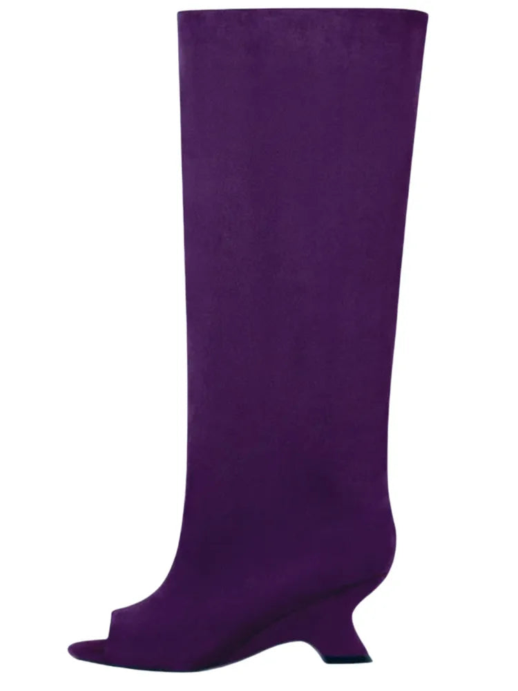 2025 Women’s Fish Mouth Knee-High Boots – Thick Slant Heel Fashion High Heels Spring Summer Large Size