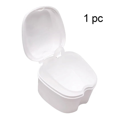 Denture Cleaning & Storage Box - False Teeth Organizer with Hanging Net for Dental Appliance Soaking and Care
