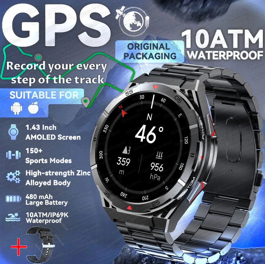 2025 Huawei Original Premium GPS Smartwatch — Ultra HD AMOLED Display, Built-in GPS, Bluetooth Call & 10ATM Waterproof Smart Bracelet