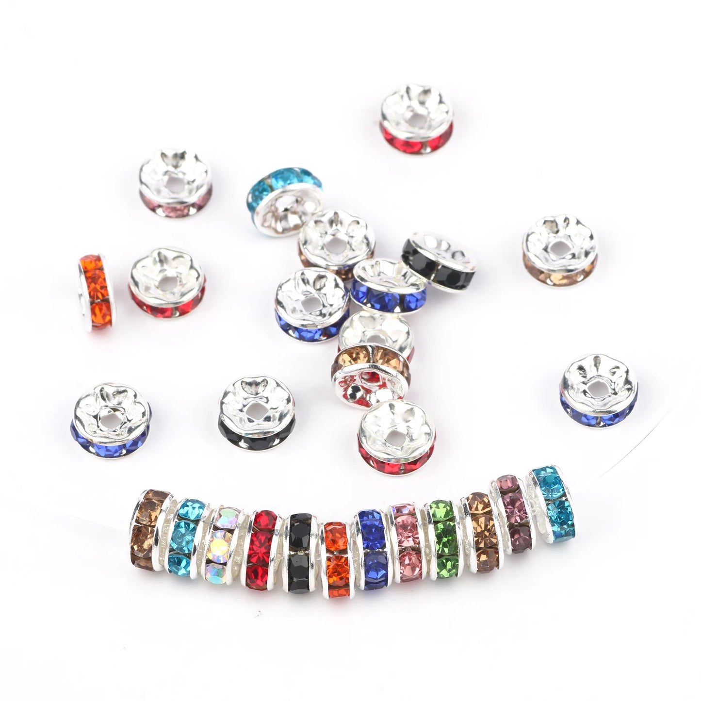 50PCS Rhinestone Spacer Beads Set – Multi-Color Crystal Rondelle Metal Beads for DIY Jewelry & Bracelet Making