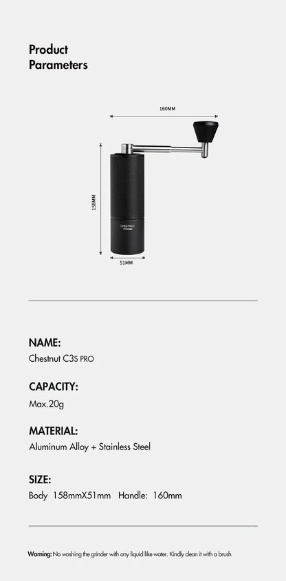 TIMEMORE Chestnut C3S PRO Manual Coffee Grinder — 25g Hand Grinder with Adjustable Steel Burr & Cleaning Brush