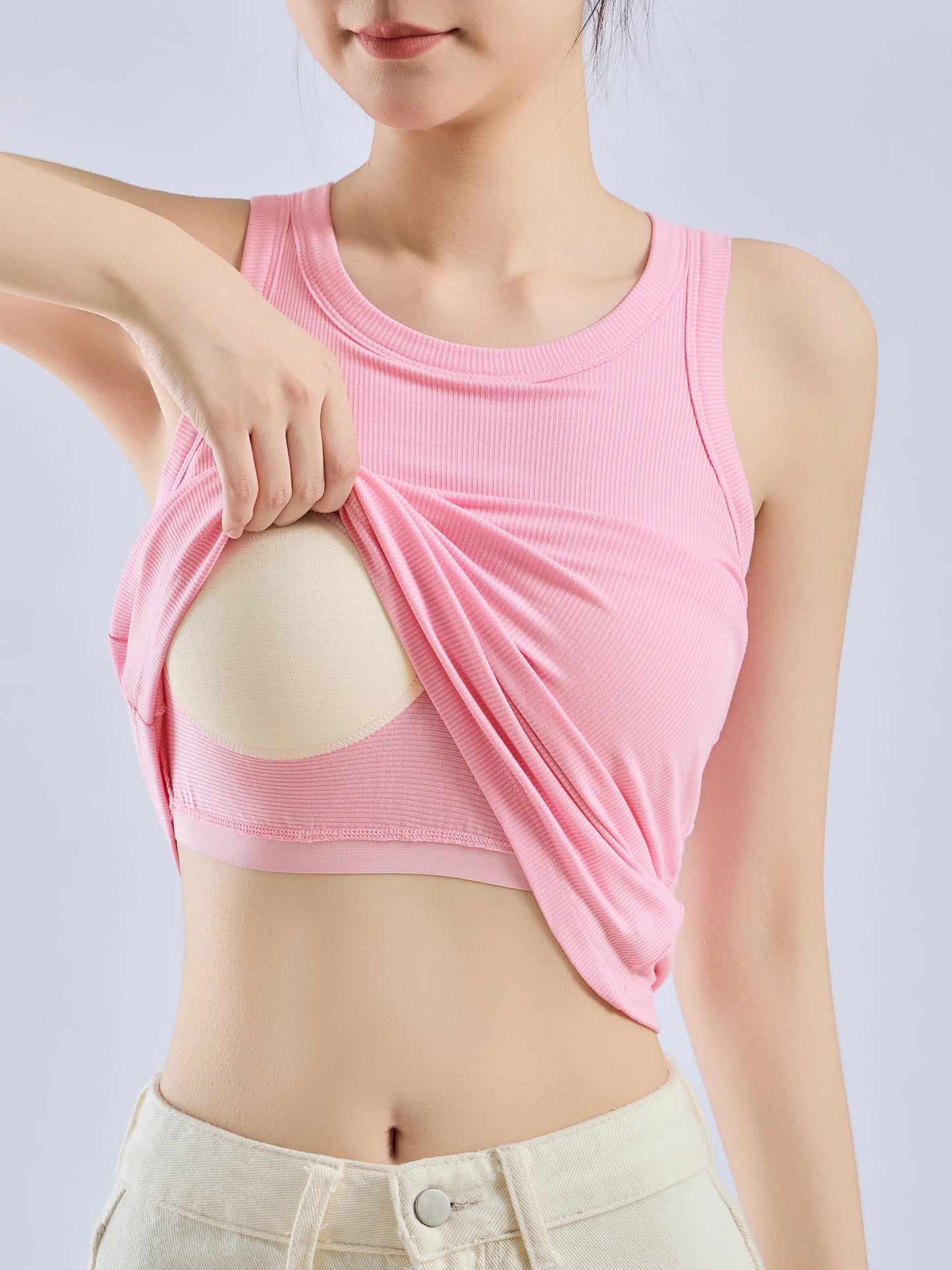 Women’s Threaded Camisole Vest – All-In-One Pure Color Top with Built-In Breast Pads, Inner & Outer Layer Bottoming Shirt