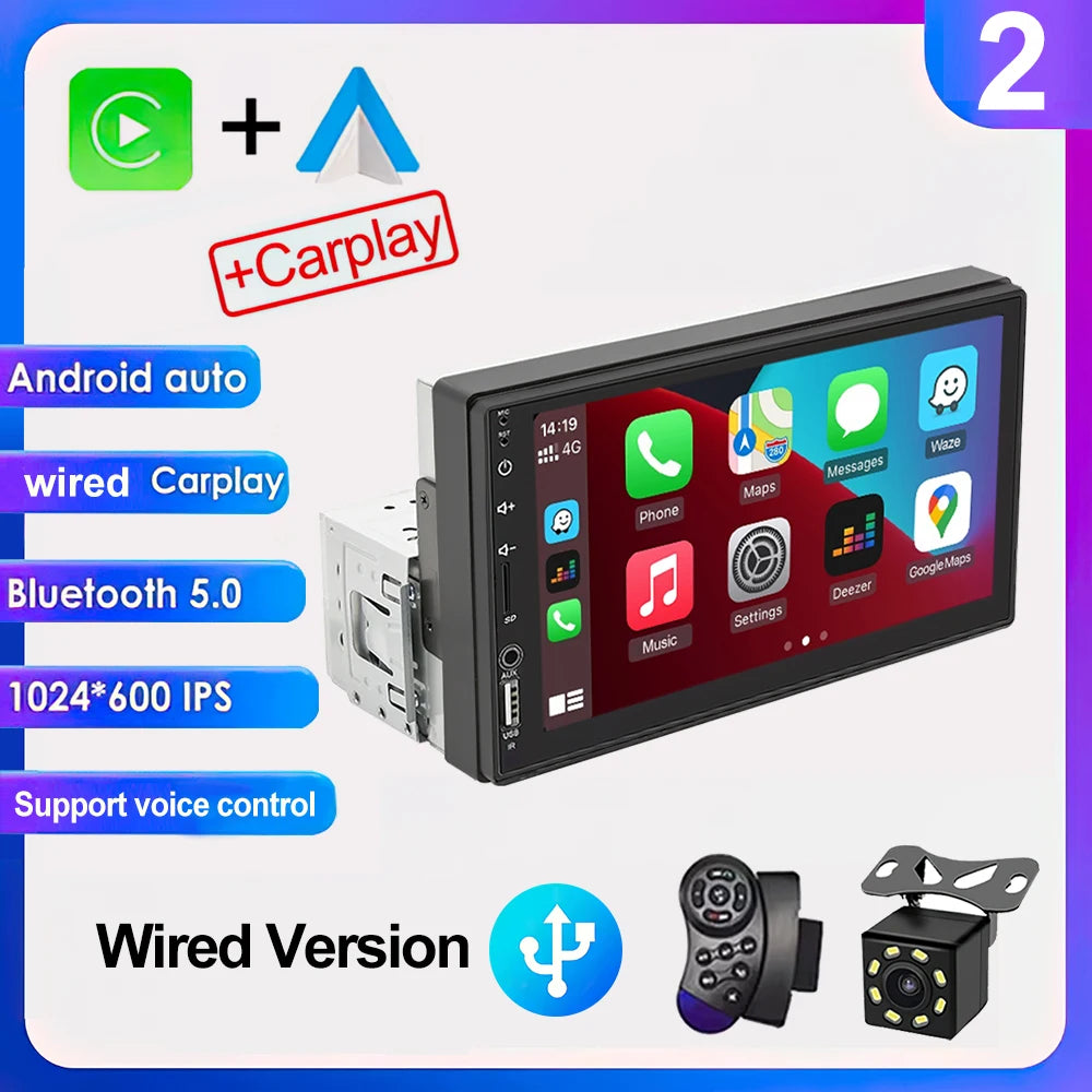 7-Inch HD Touchscreen Car Stereo - 1DIN Multimedia Player with CarPlay, Android Auto & FM Radio