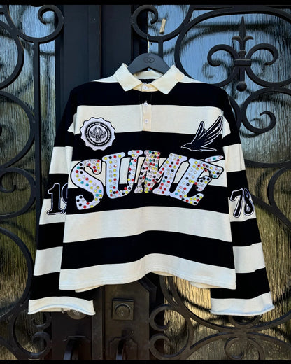 Sume Autumn Men’s Hip Hop Polo Shirt — Y2K Retro Long Sleeve Klein Stone Stripe Lapel Tee