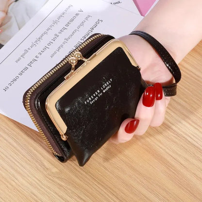 Women's Wrist Strap Wallet - Large Capacity Short Wax Oil Leather Zero Wallet with Multi-Card Holder and Letter Design