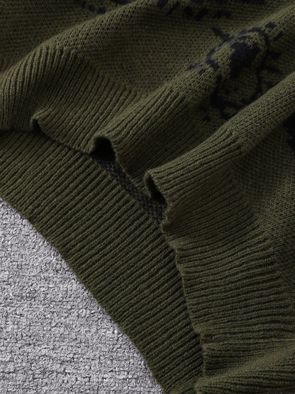 Men's Abstract Eye Jacquard Sweater - Round Neck Knitted Autumn Winter Casual Pullover Top