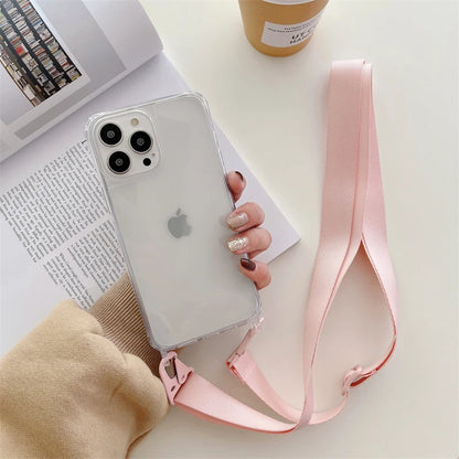 Crossbody Shoulder Strap Phone Case - Transparent Shockproof Cover for iPhone 17 Air, 16, 15, 14, 13 Pro Max & More