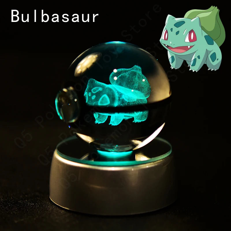 Pokemon 3D Crystal Ball Figurine — Pikachu, Gengar, Mew, Mewtwo Glass Statue with Lamp Base, Kids Birthday Gift