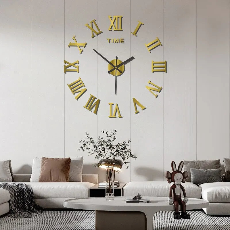 3D Acrylic Roman Numerals Digital Mirror Wall Clock – Large Round DIY Self-Adhesive Fashion Clock
