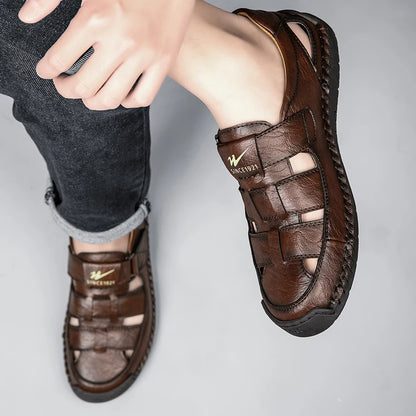 Men's Wide Toe Leather Sandals - Breathable Hollow Out Closed Toe Roman Casual Shoes Plus Size