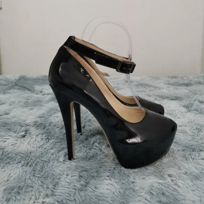 Women’s Patent Leather Stiletto Pumps – 14cm High Heels with Buckle Ankle Strap, Sexy Wedding & Fashion Shoes, Size 44