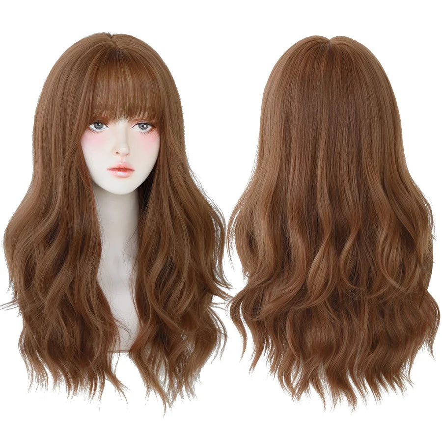 7JHH Brown Ash Long Deep Wave Lolita Wig for Women — Synthetic Hair with Bangs, Thick Curly Fashion Wig