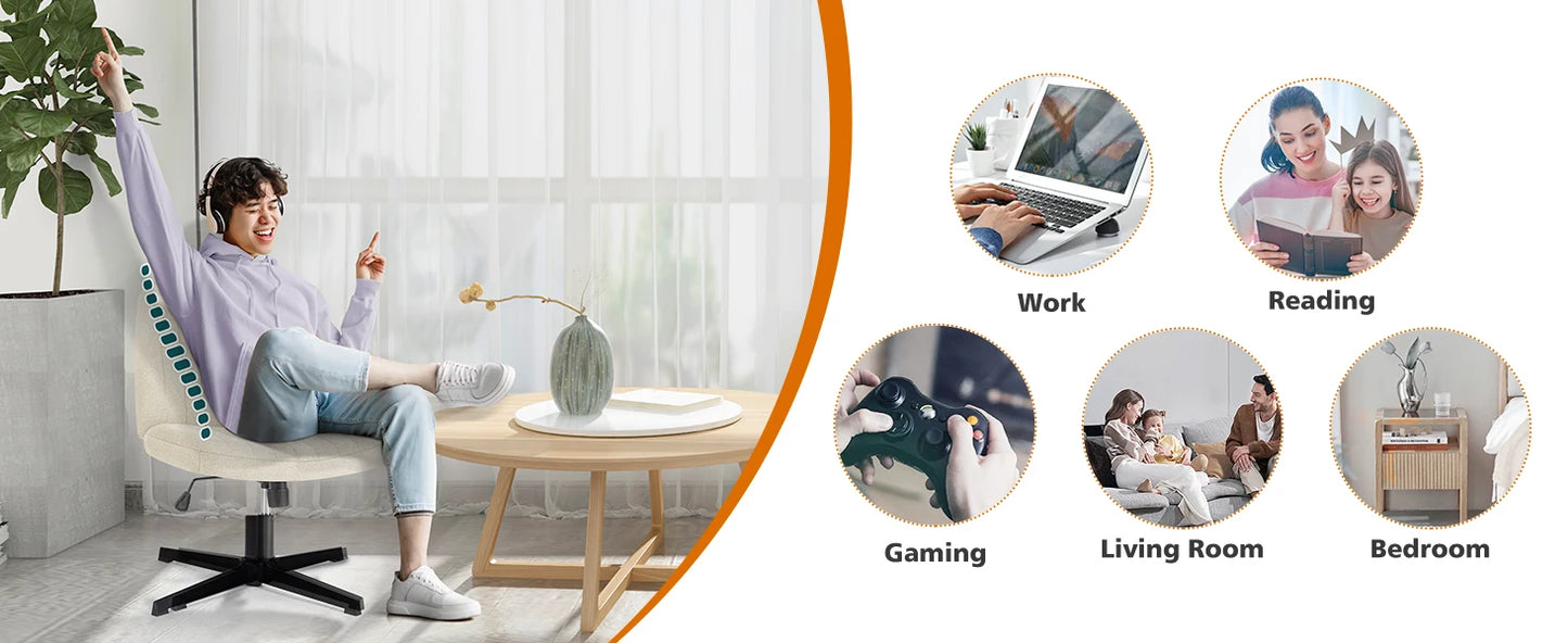 Adjustable Cross Legged Rocking Gaming Chair - Armless Wide Desk Swivel Task Chair for Home Office and Living Room