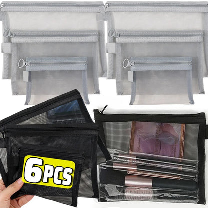 1/3PCS Black Mesh Clear Cosmetic Bag Set Portable Travel Makeup Toiletry Organizer Pouch Storage Case