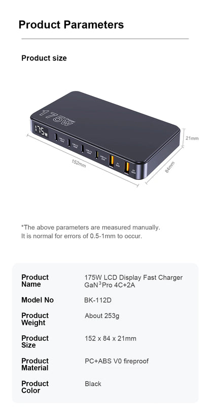 Ueetop 175W GaN USB-C Charger – 6-Port Desktop Charger with LED Display, PD 100W, PPS 45W Fast Charging for MacBook, Samsung, iPhone