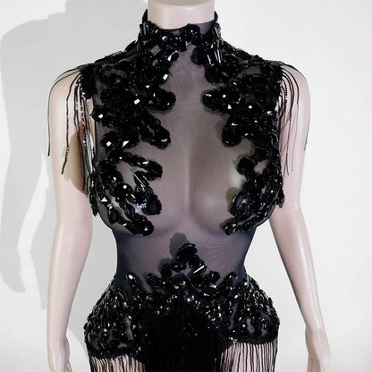 Sexy Shiny Silver Sequin & Black Spandex Jumpsuit — 2025 Women’s Prom, Dancer & Stage Performance Costume