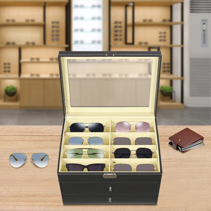 3-Layer Leather Glasses Organizer with Drawer – 24 Slot Sunglasses Display & Storage Case Rust-Resistant