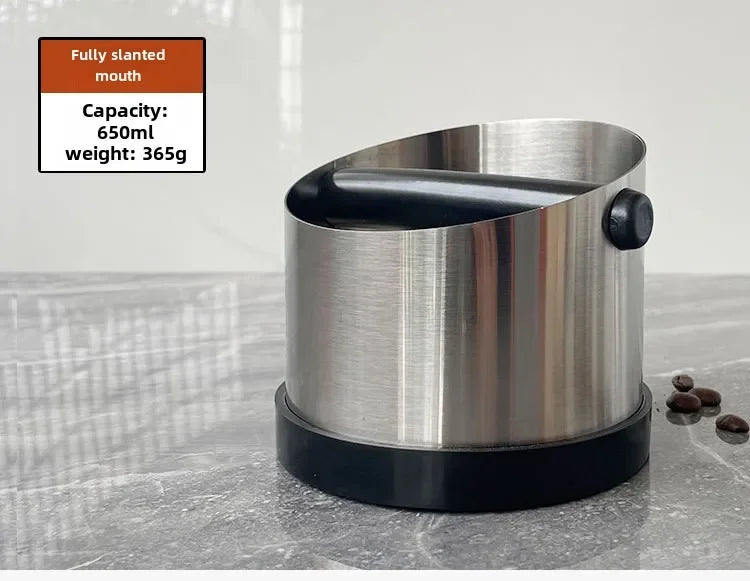 Stainless Steel Coffee Knock Box – Non-Slip Espresso Ground Bin with Rubber Ring and Beveled Design