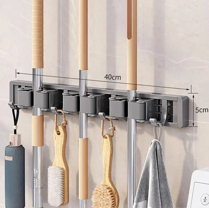 Wall-Mounted Mop & Broom Organizer — Strong Mop Holder Rack with 5 Hooks for Hanging Brooms and Cleaning Tools
