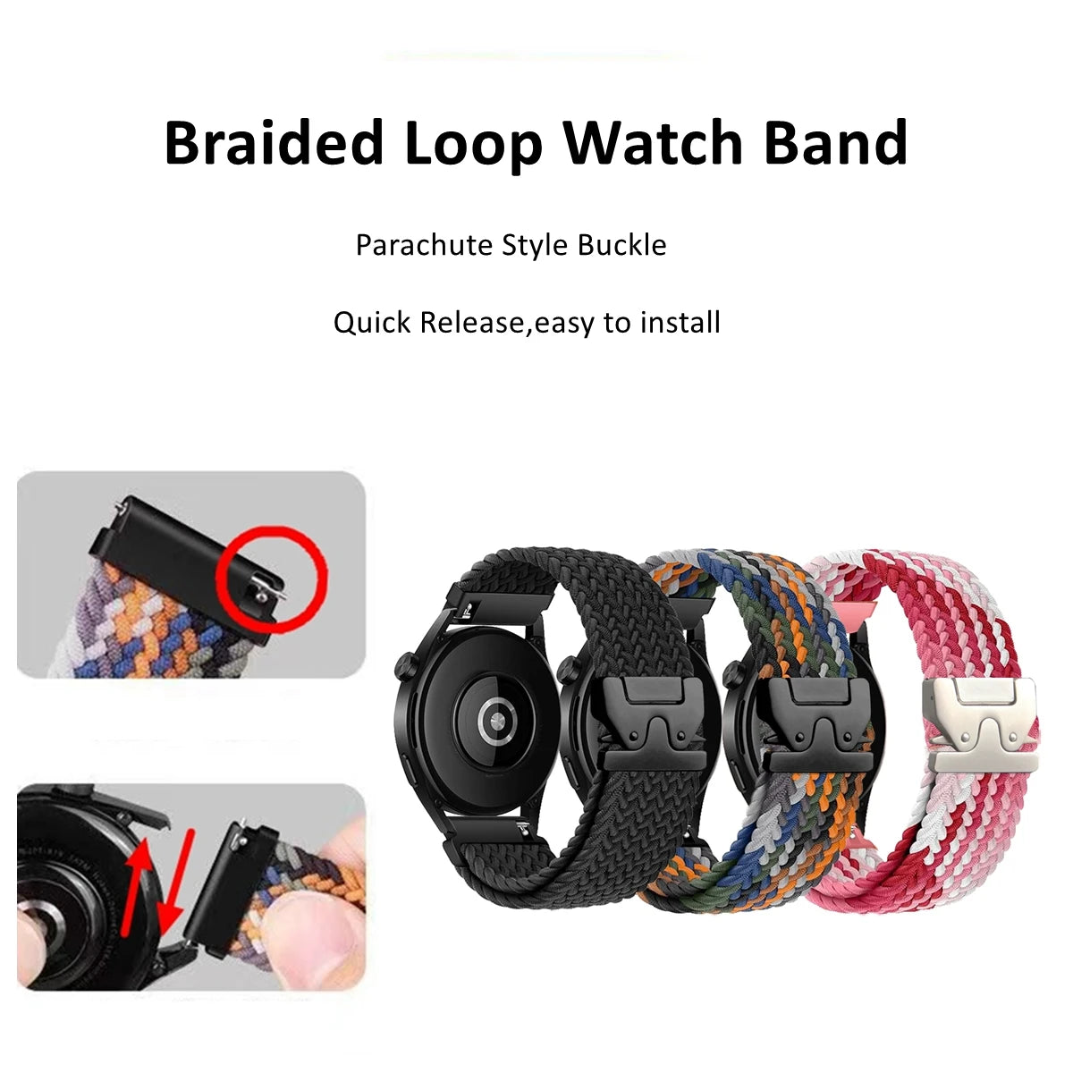 Braided Loop Watch Band – 18/20/22mm Parachute Style Strap for Garmin Venu/3/3S, Forerunner 265/265S/645, Samsung & Huawei GT Watches