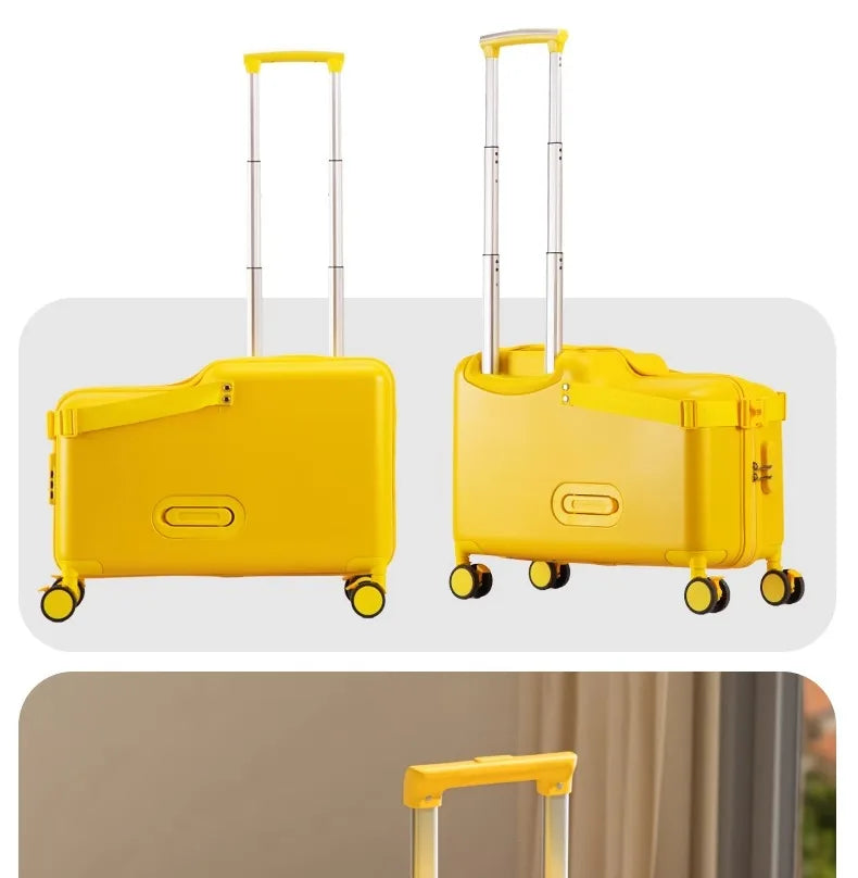 18-Inch Foldable Kids Suitcase with Seat – Lightweight PC Luggage for Boys & Girls, Compact Travel Pedal Boarding Case