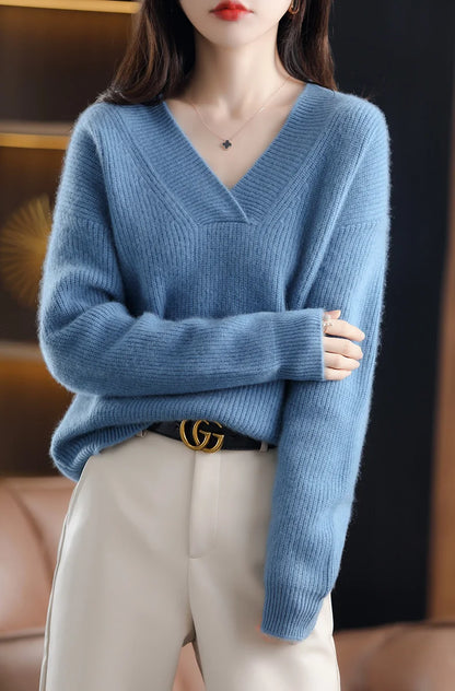 Women’s Knitted V-Neck Sweater – Long Sleeve Solid Pullover Knit Top