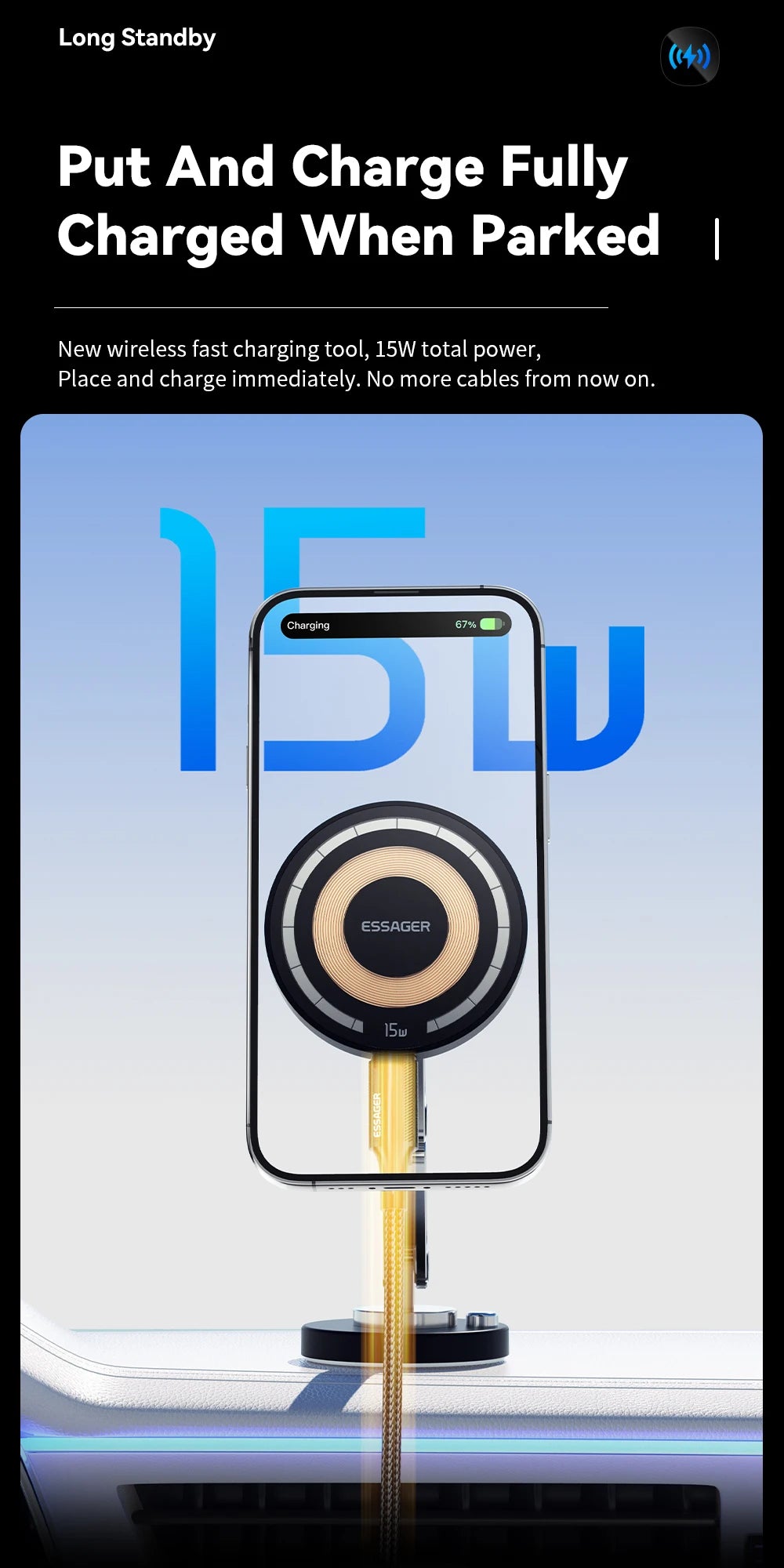 Essager Magnetic Wireless Car Charger – 15W Fast Charging Phone Holder Mount for MagSafe iPhone 15/14/13 Pro Max