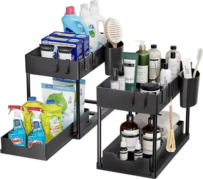 2-Tier Under Sink Sliding Organizer — Cabinet Basket Storage Rack with Hooks for Bathroom & Kitchen Cups