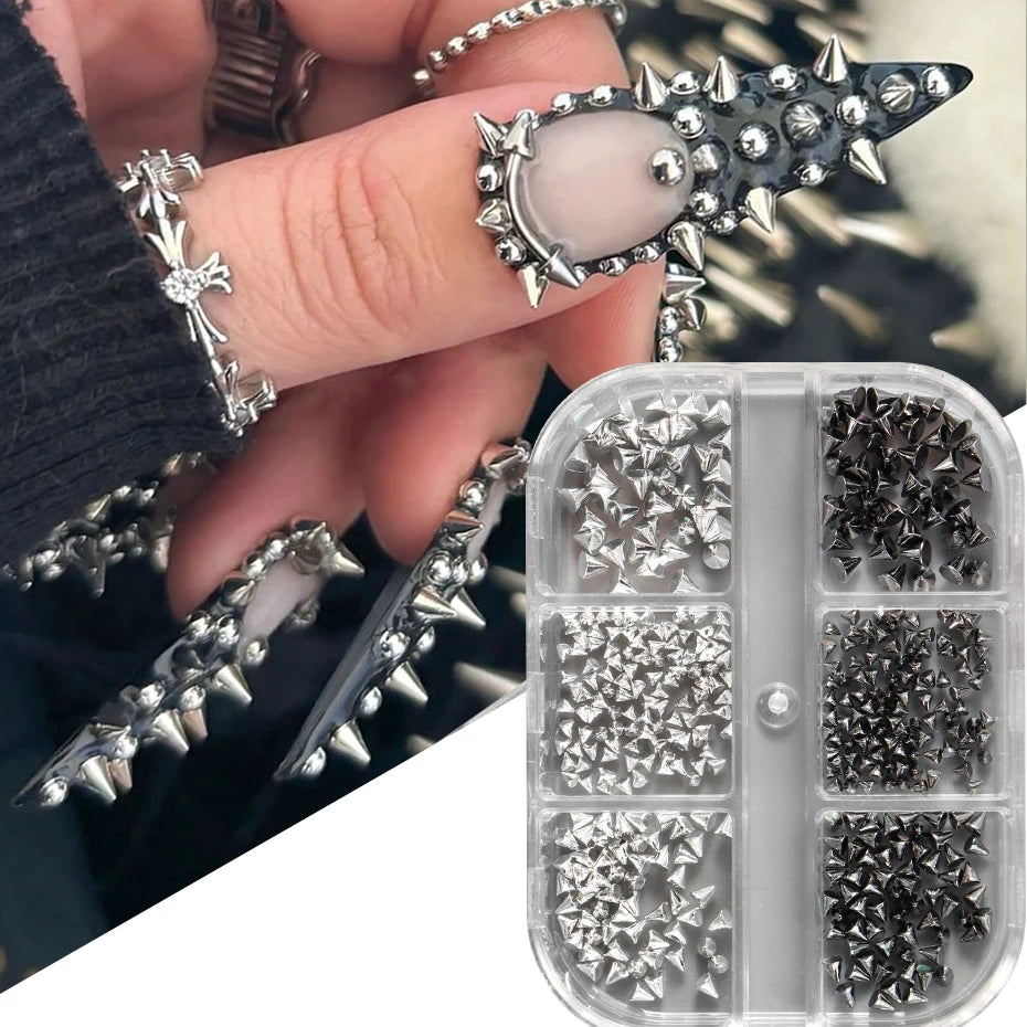 Metallic Rivet Nail Charms - 6-Grid Gold, Silver & Black Punk Spike Studs for Nail Art & DIY Designs